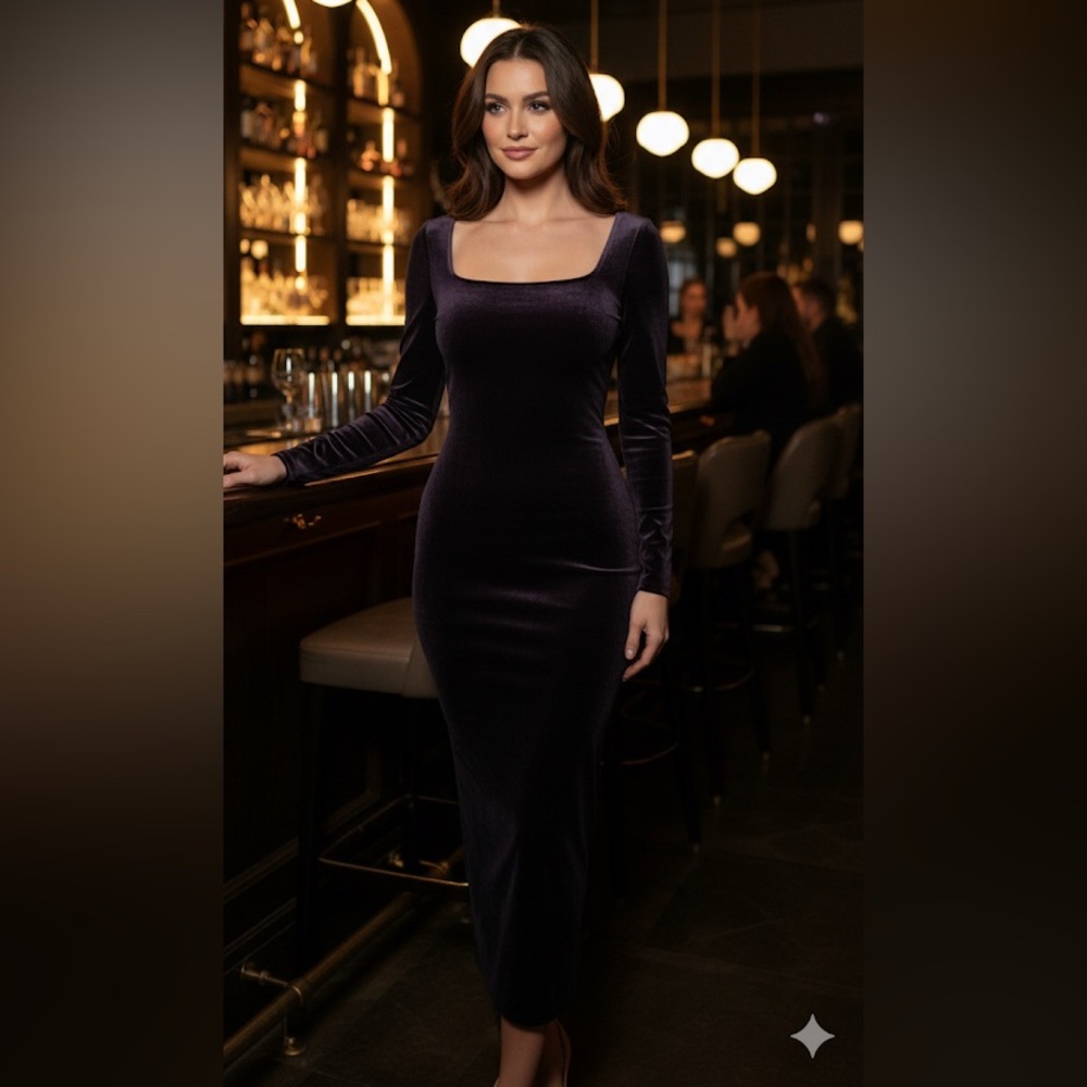 Vintage Plum Velvet Long Sleeve Maxi Dress